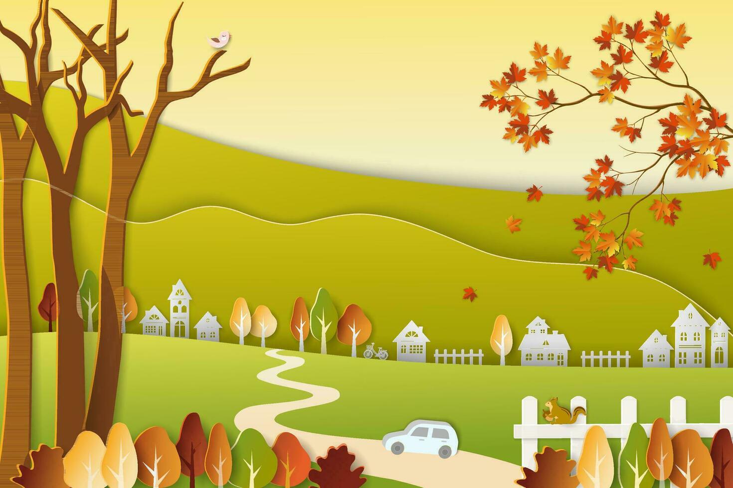 otoño campo paisaje con vistoso arboles y hojas en papel cortar estilo vector