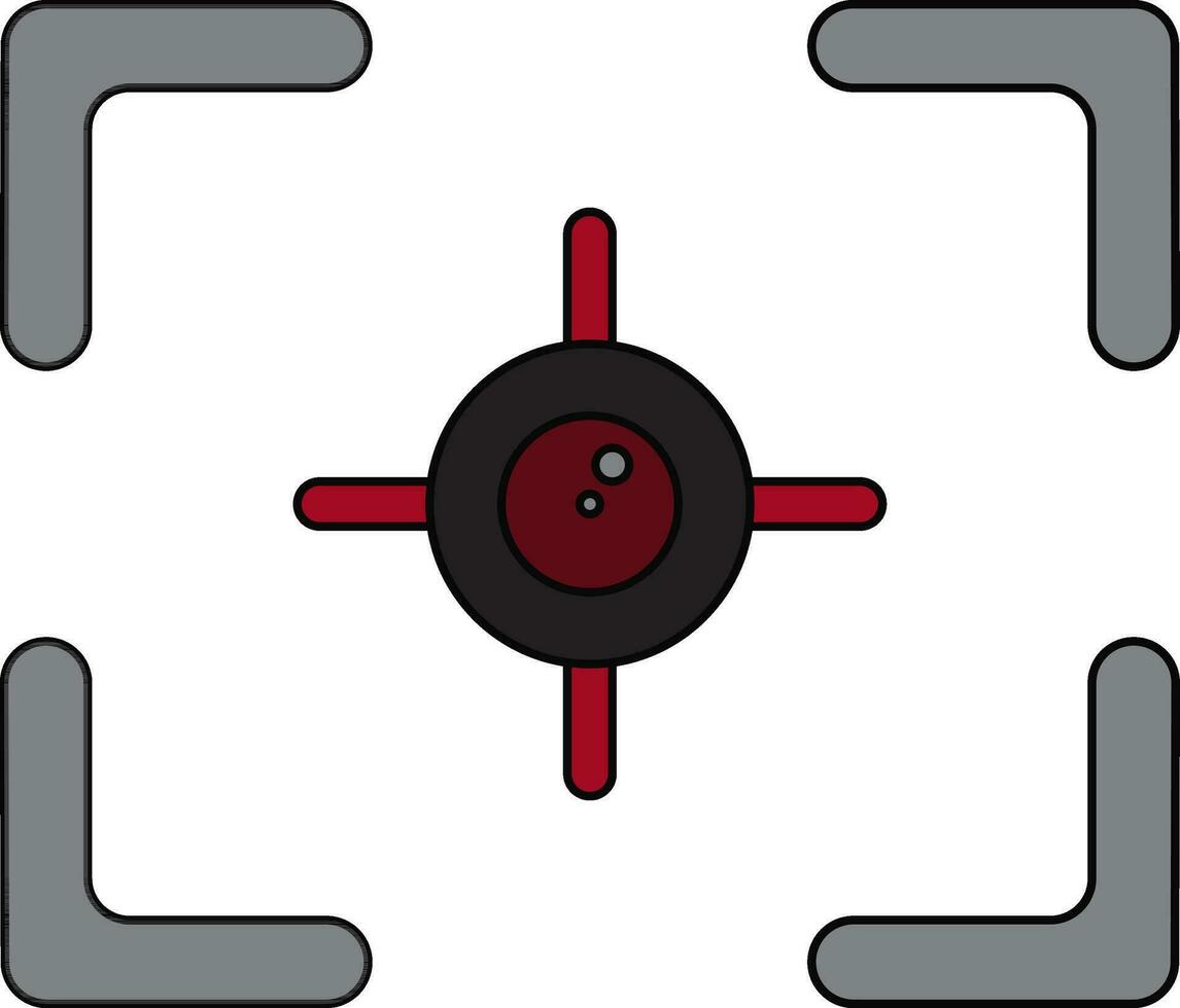 Black line art illustration of a red and black camera focus in grey frame. vector