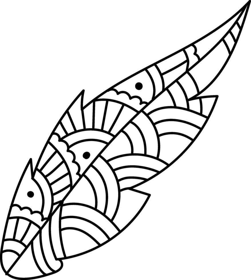 Boho style feather in black line art. vector