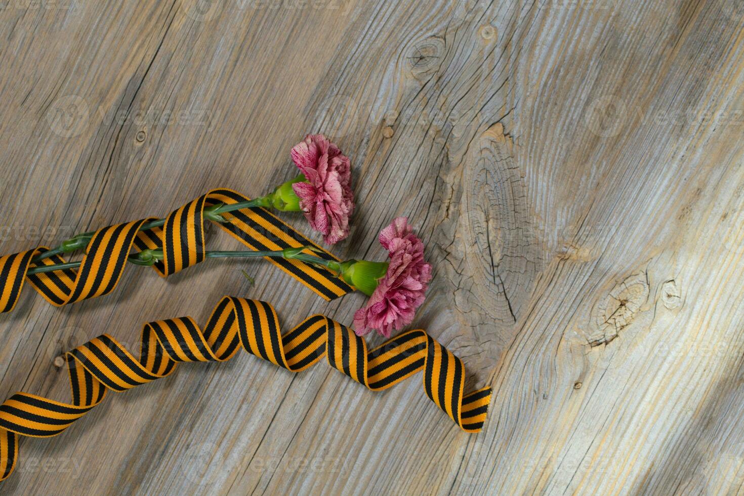 Two pink carnations, Saint George ribbon on a wooden surface. photo