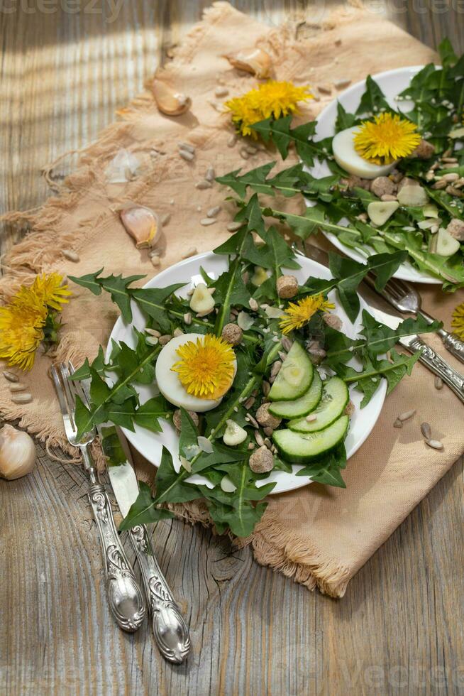 Dandelion salad on a white plate. photo