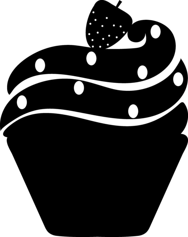 Black and White strawberry decorated cupcake in flat style. vector