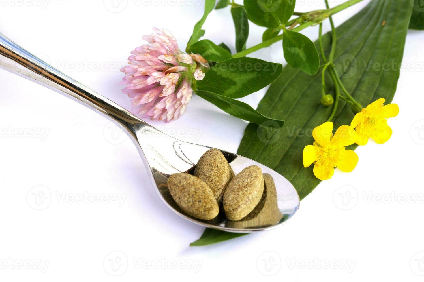 Herbal pills on a white background. Closeup photo