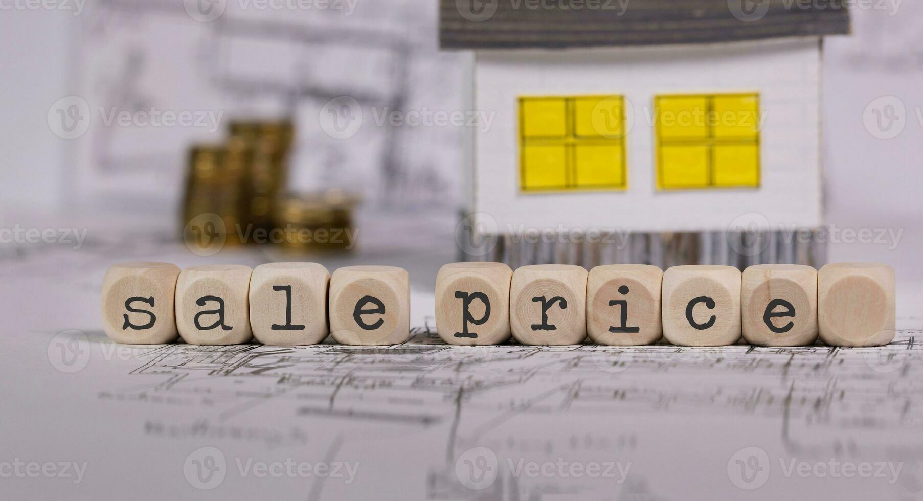 Words SALE PRICE composed of wooden letter. Small paper house in the background. photo