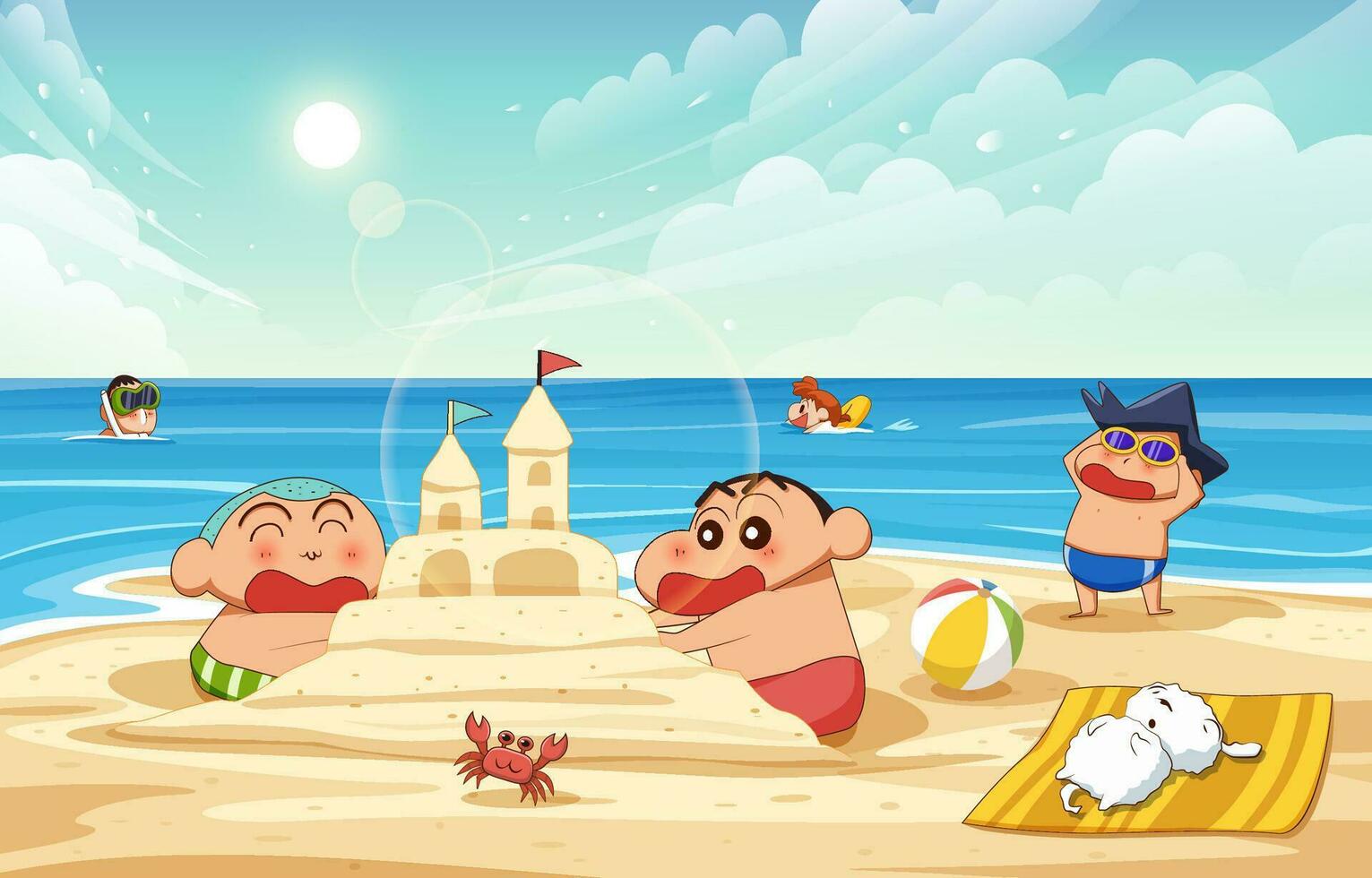 Group of Children in the Beach Scene Background vector