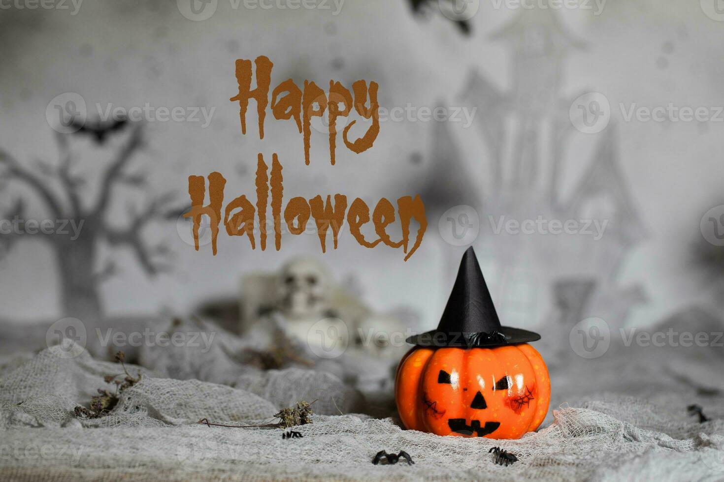 Happy Halloween. Orange scary pumpkin with witch hat. Halloween background. photo