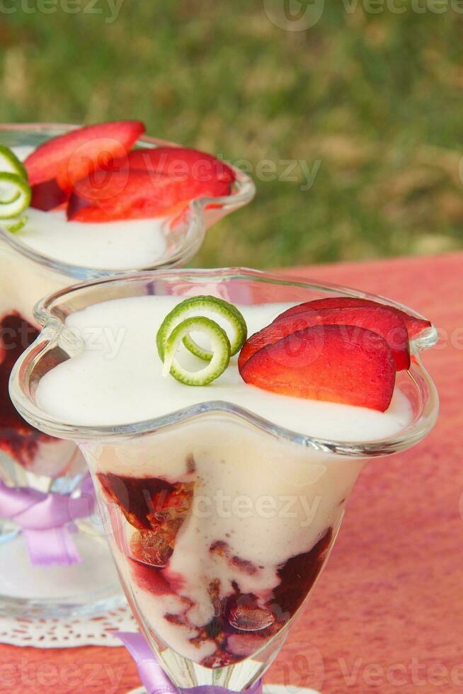 Milk dessert with plums photo