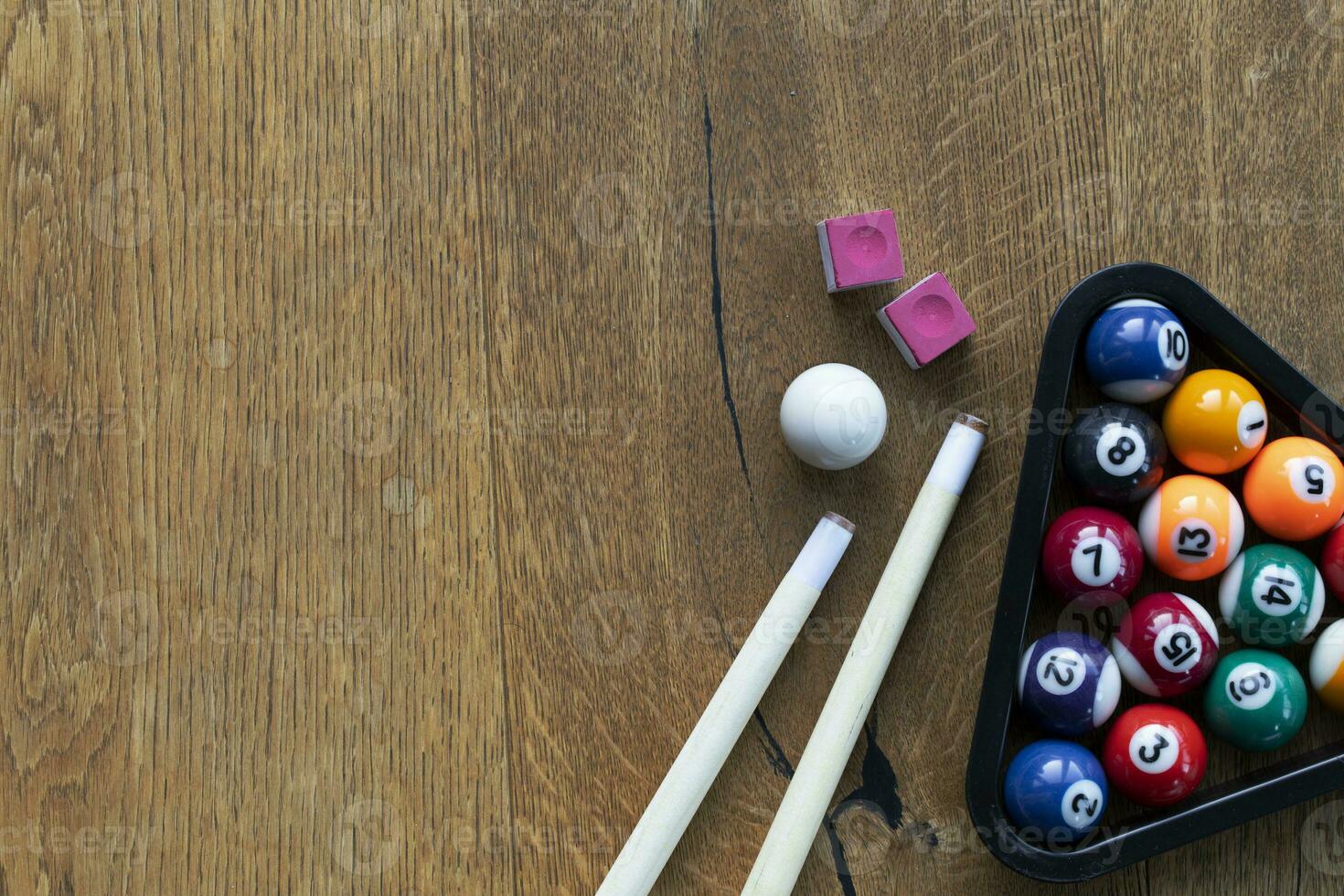 Billiard set. Flat lay photo