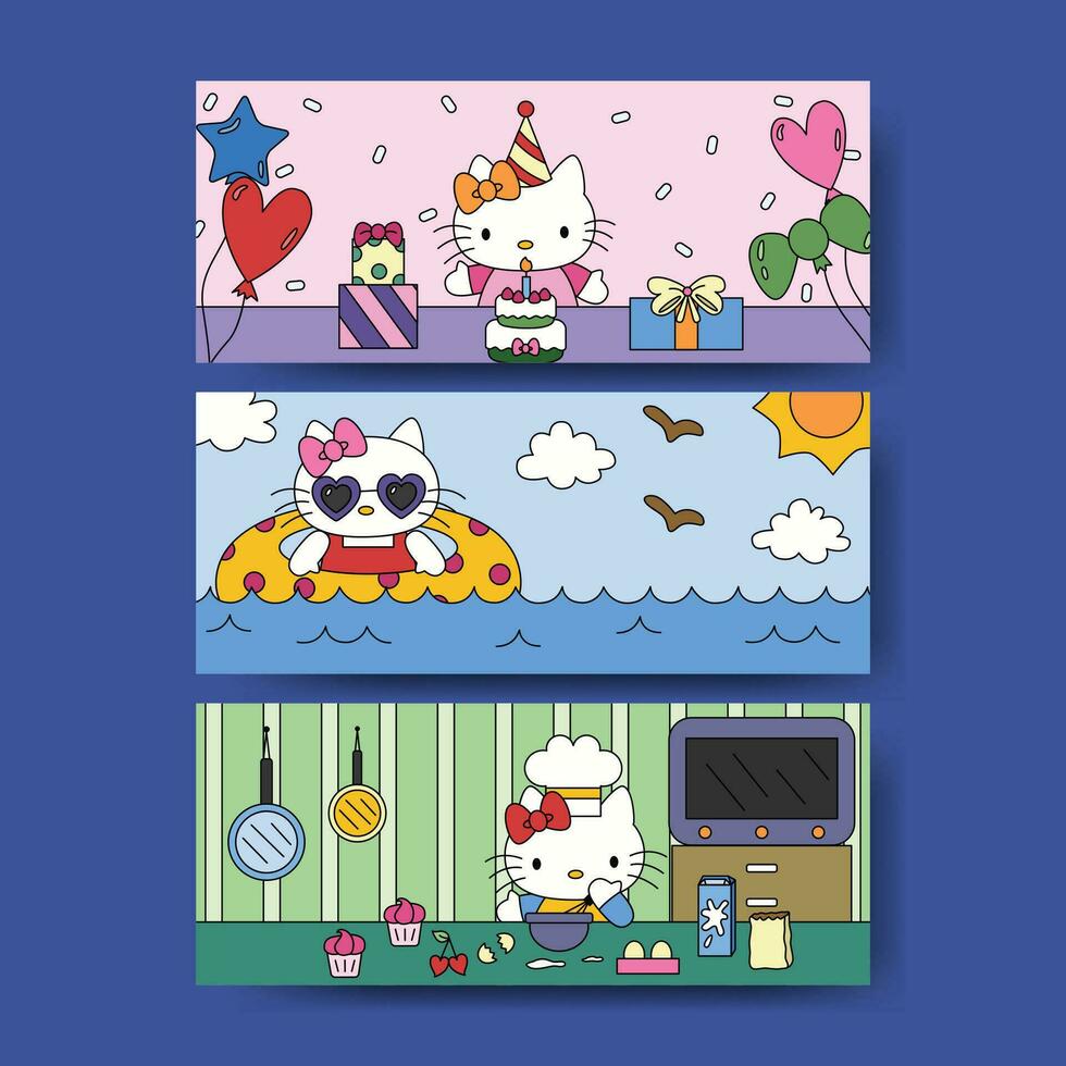 Cute Kitty Cat Doing Activities Horizontal Banner vector