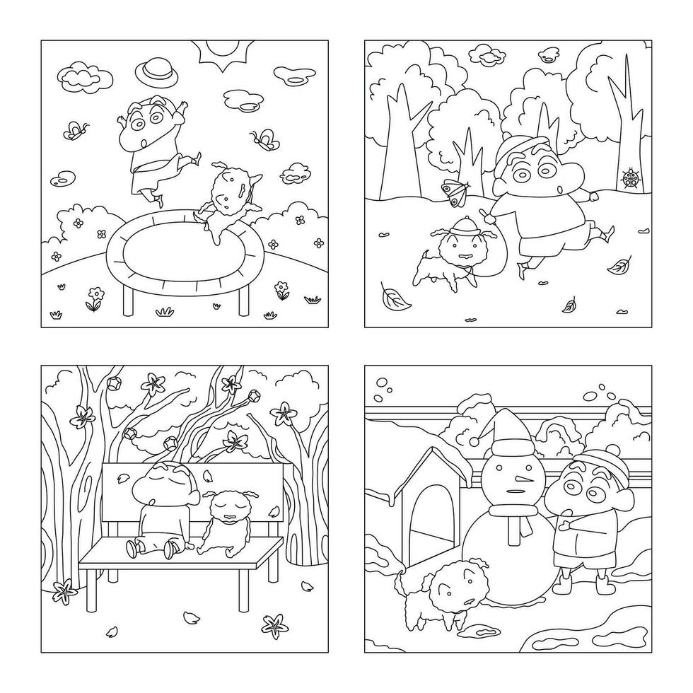 Little Boy Hanging Out with His Puppy Coloring Page vector
