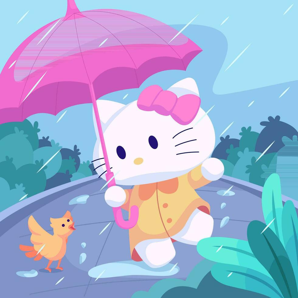 Cat and a Bird in The Rain vector