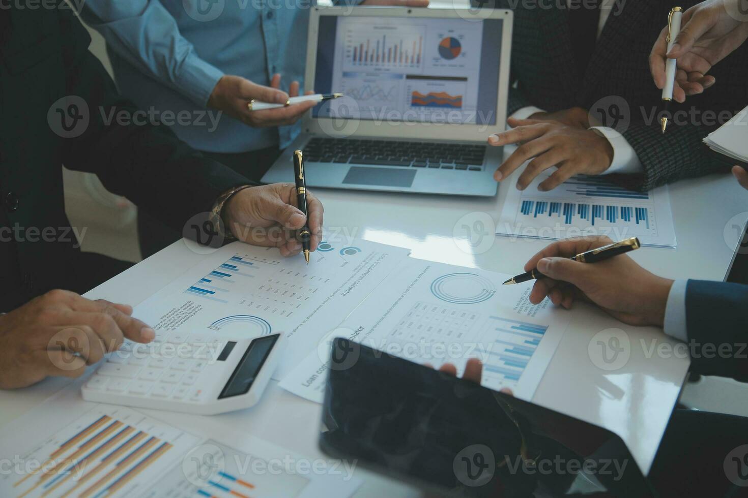 Team of business people are meeting to analyze data for marketing plan,Market research reports and income statistics, Financial and Accounting concept. photo