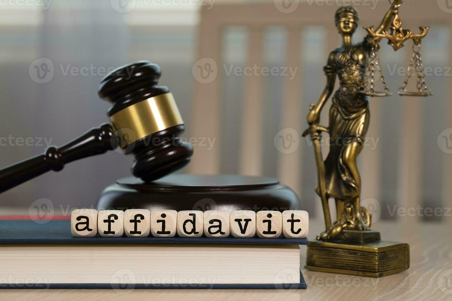 Word AFFIDAVIT composed of wooden dices. Wooden gavel and statue of Themis in the background. photo
