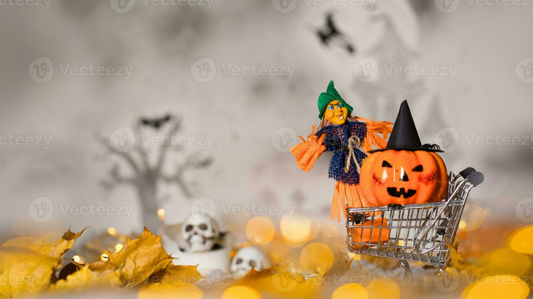 Witch and orange pumpkin in black hat in the small shopping cart. Closeup photo