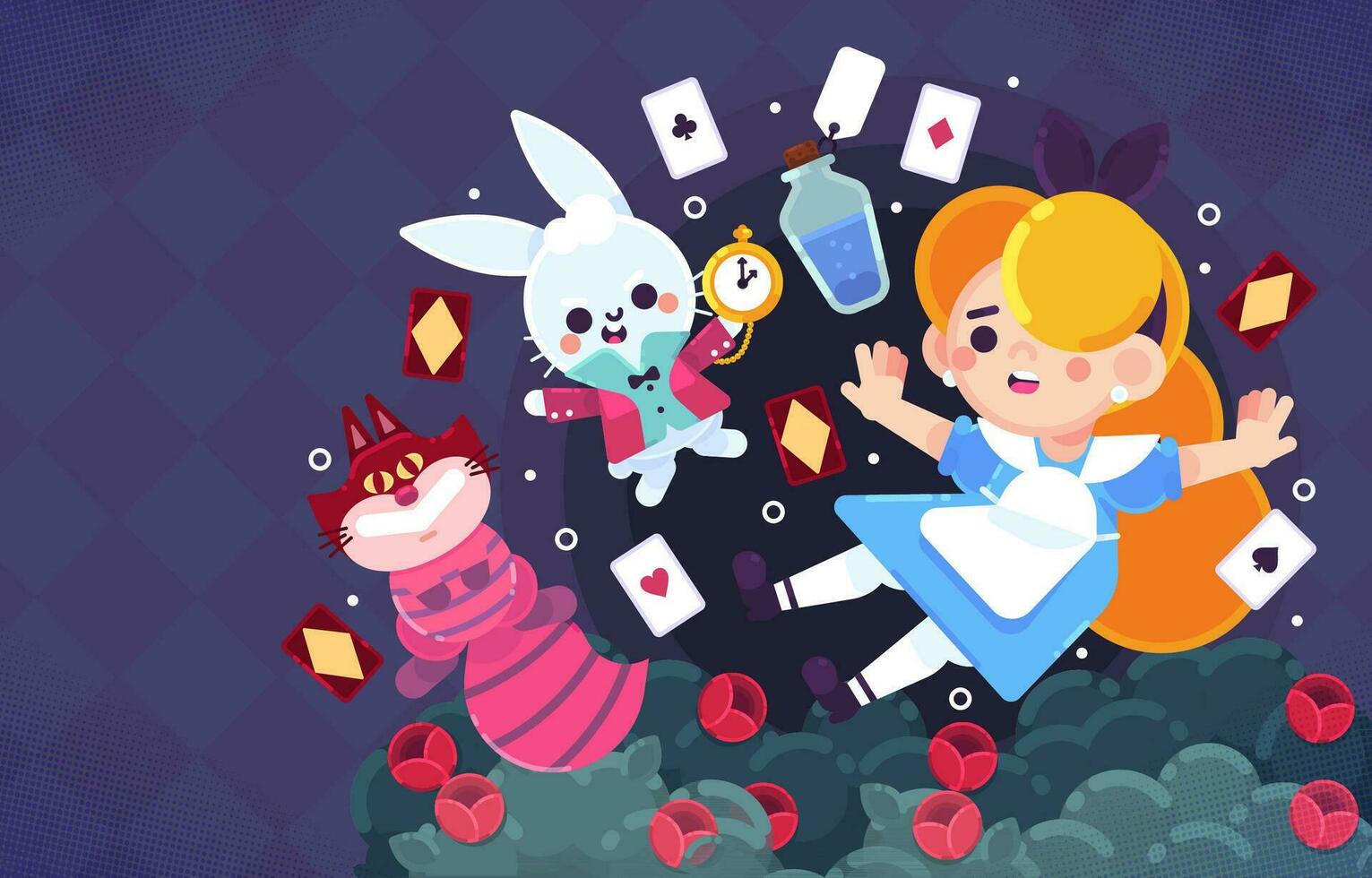 A Girl Fell Into Another World And Met Cute Friends A Rabbit And Cat vector