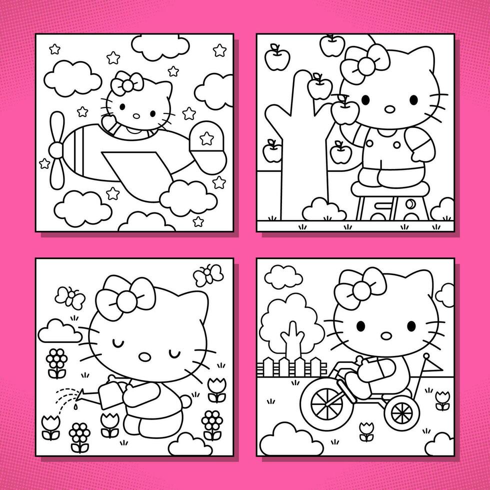 Cute Kitty With Outdoor Activities Coloring Book vector