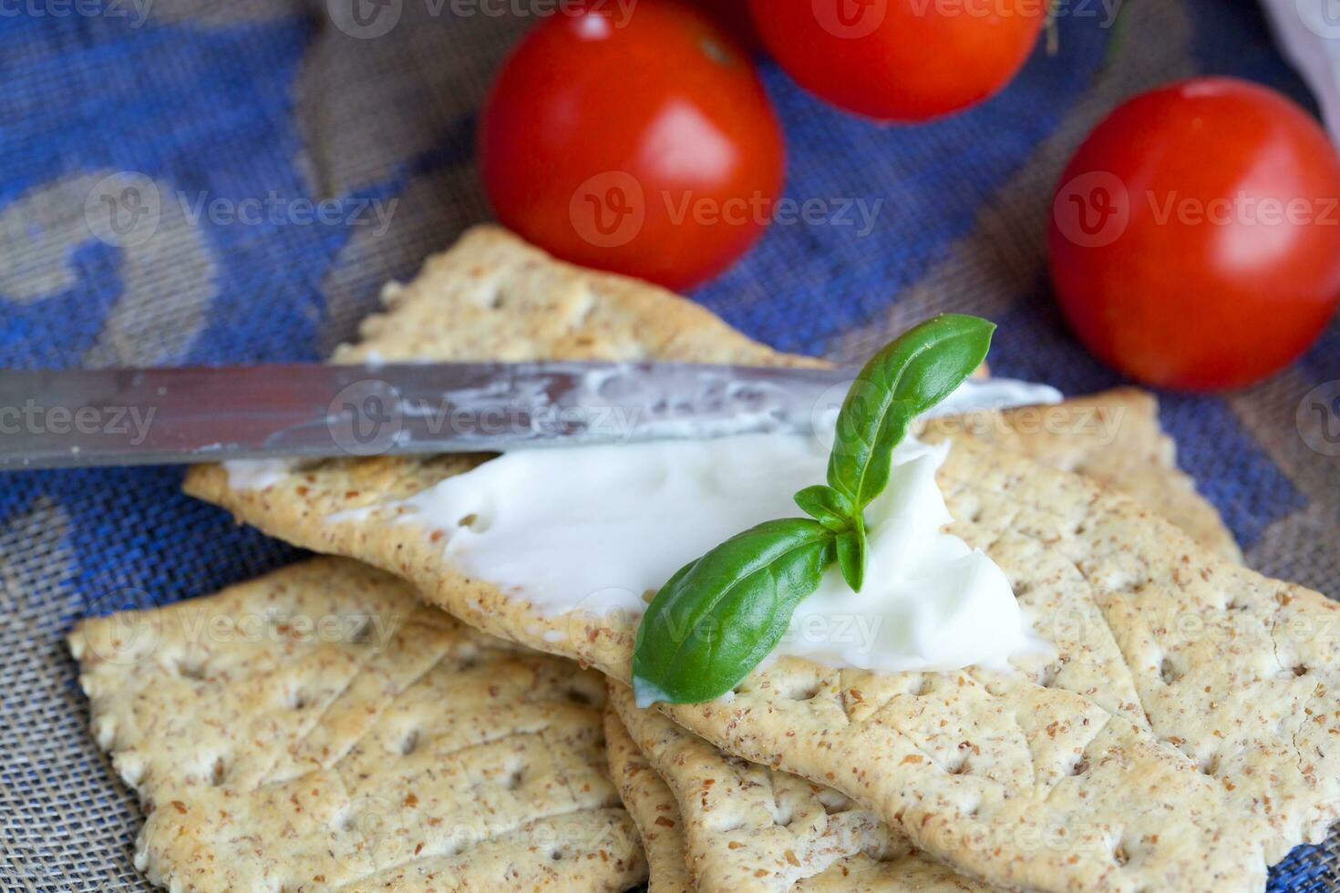Crackers with stracchino cheese. Closeup. photo