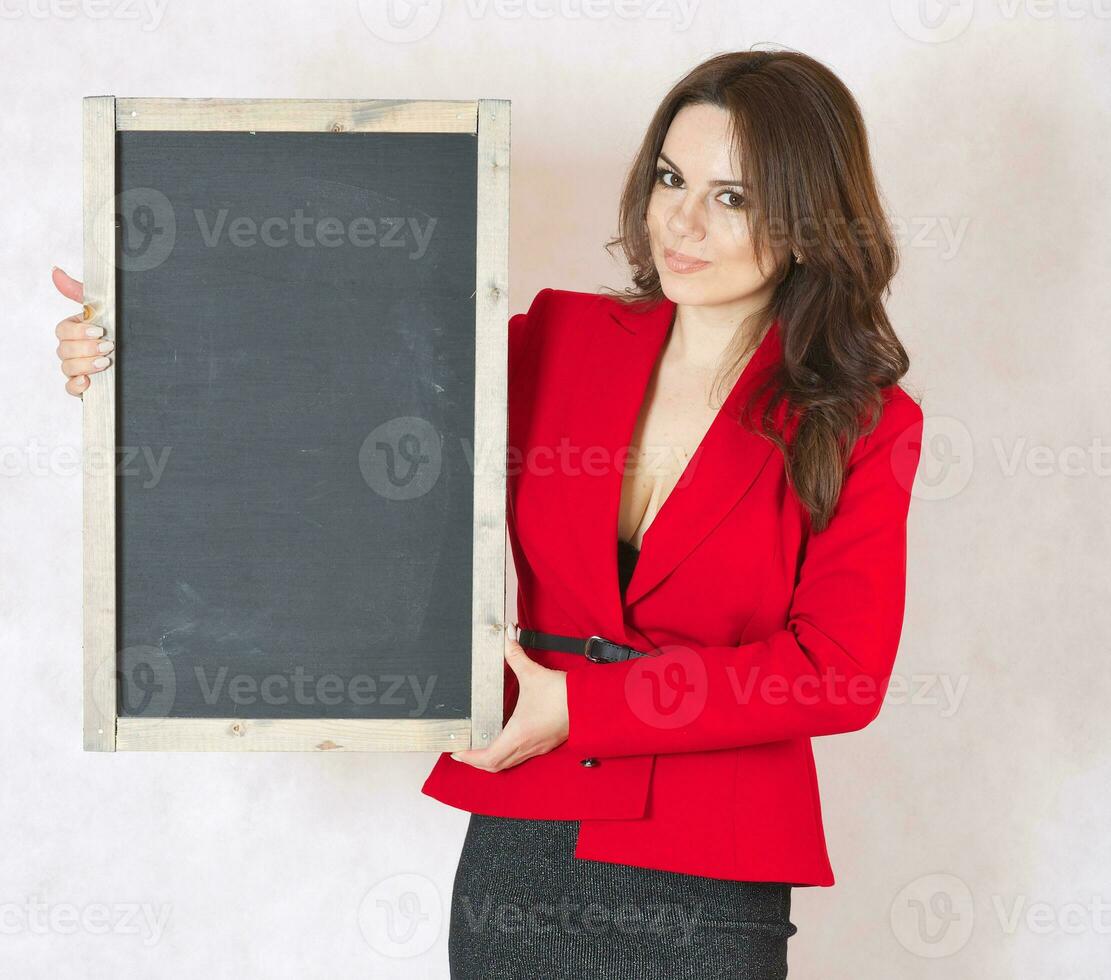 Young woman with a black chalk board photo