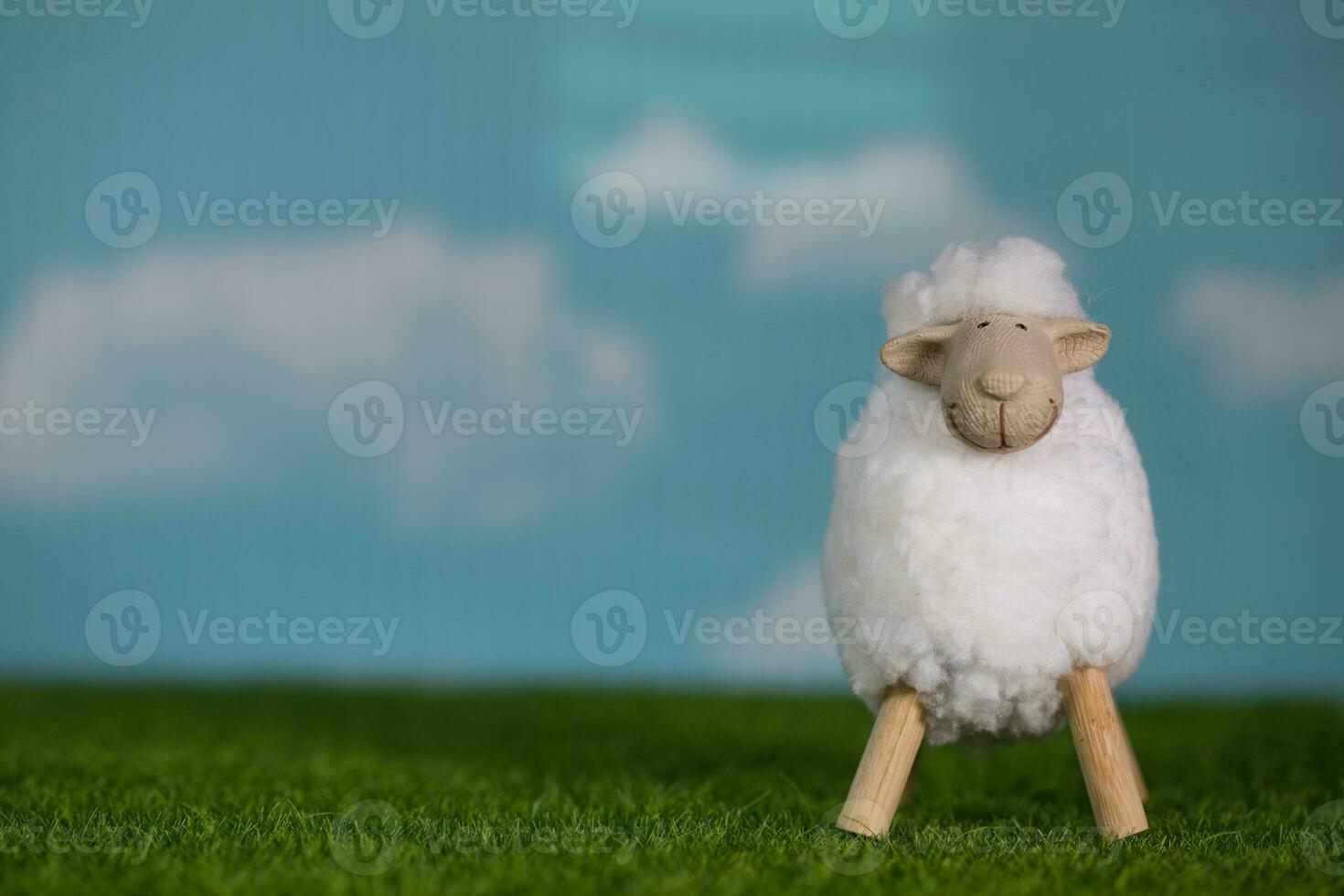 Small white lamb on an artificial grass. Blue sky in the background. photo