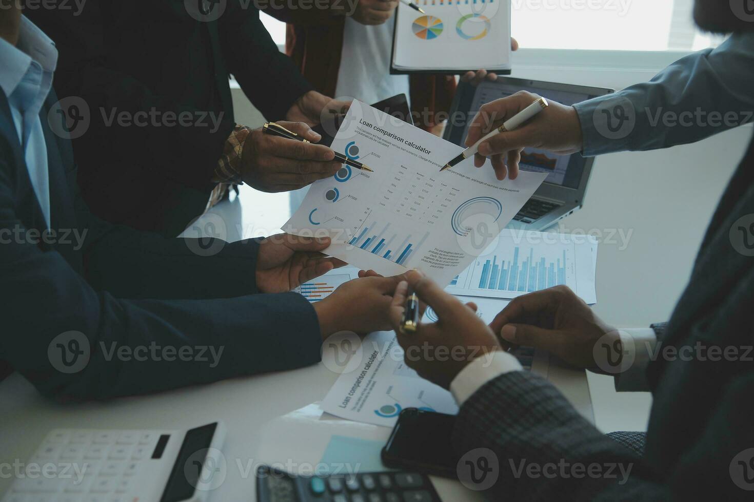 Team of business people are meeting to analyze data for marketing plan,Market research reports and income statistics, Financial and Accounting concept. photo