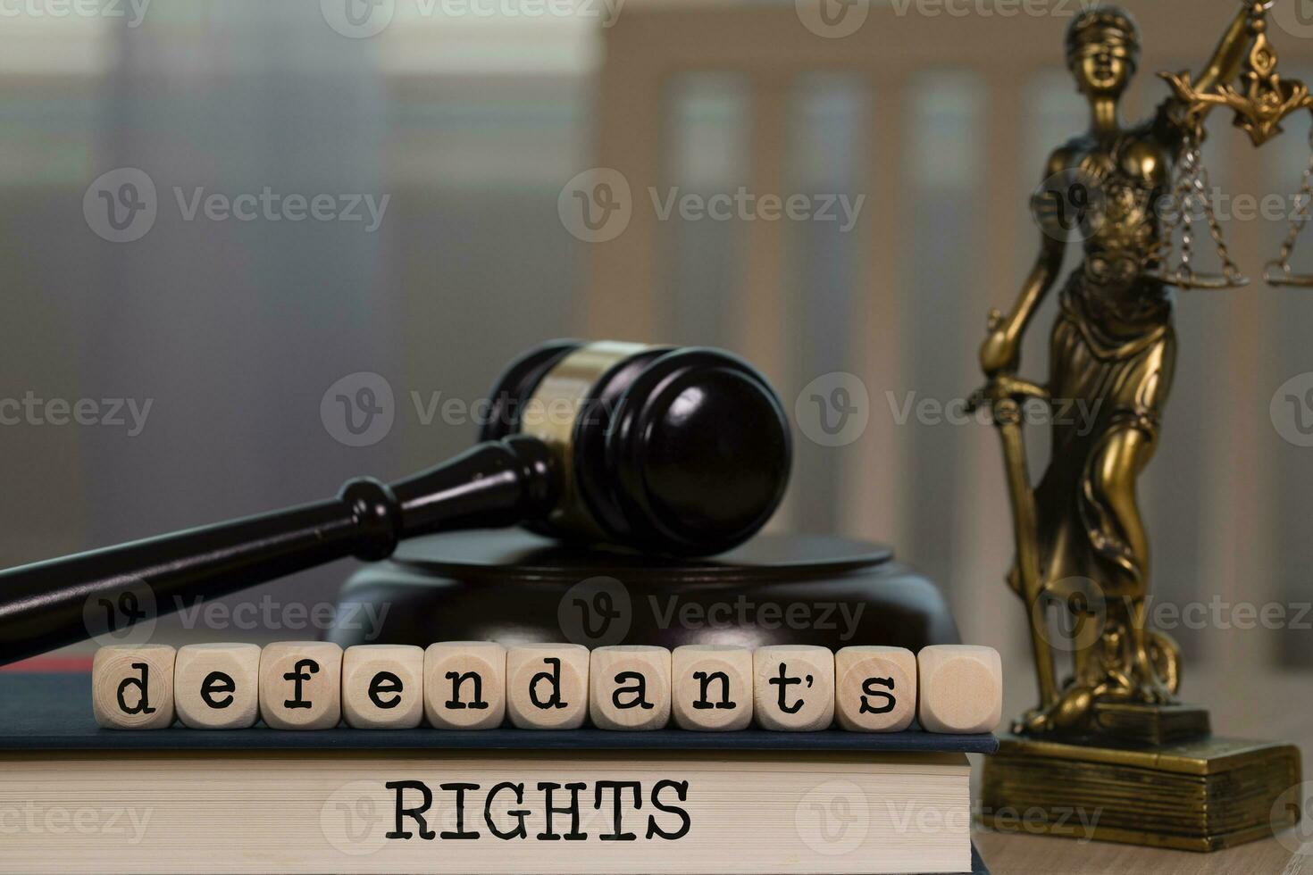 Words DEFENDANT'S RIGHTS composed of wooden dices. Wooden gavel and statue of Themis in the background. photo