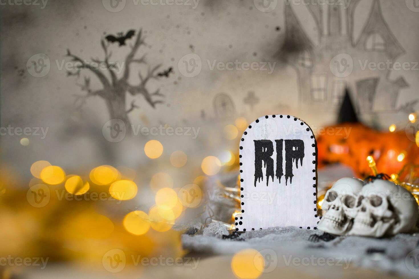 Grave and two skulls. Closeup photo