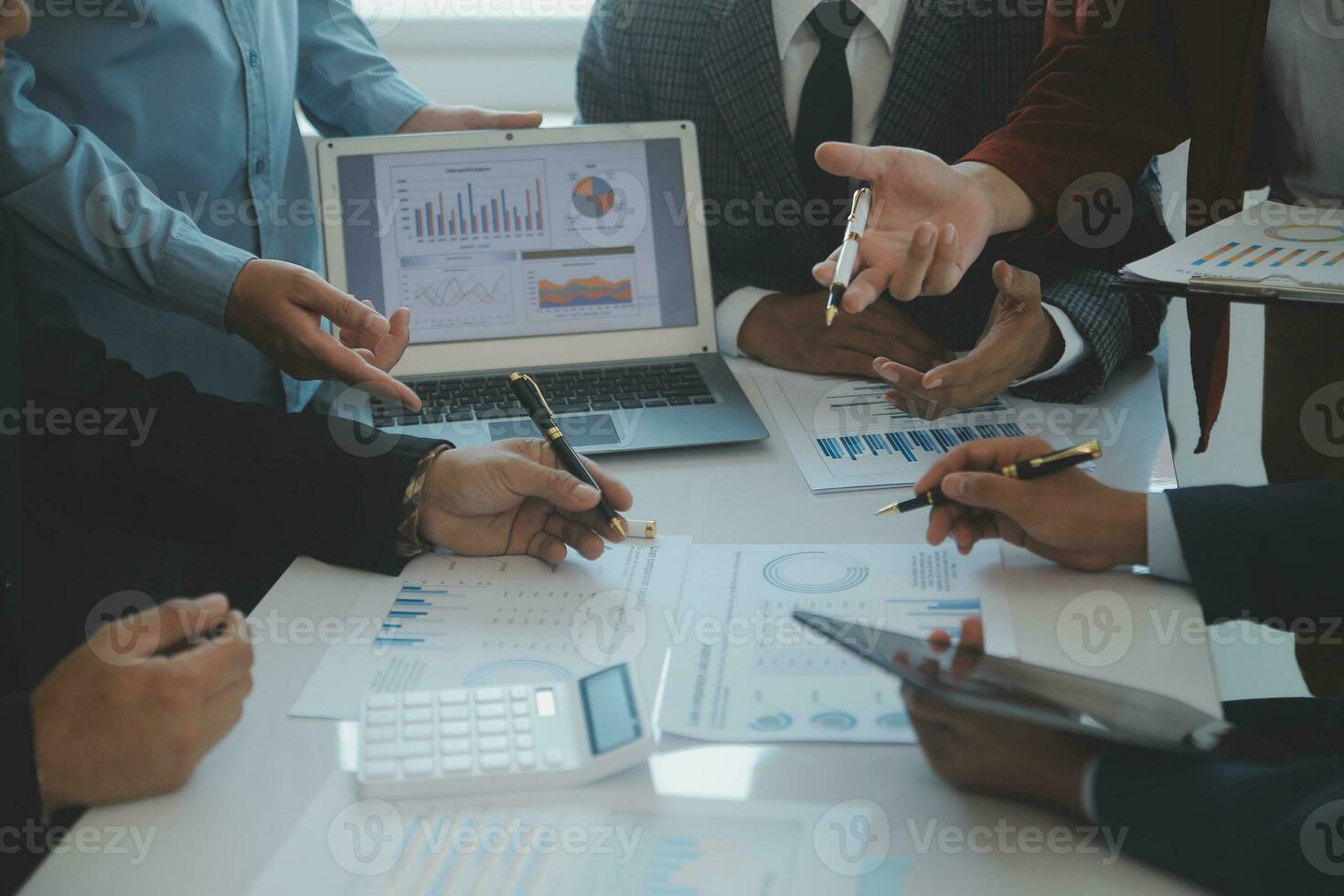 Team of business people are meeting to analyze data for marketing plan,Market research reports and income statistics, Financial and Accounting concept. photo
