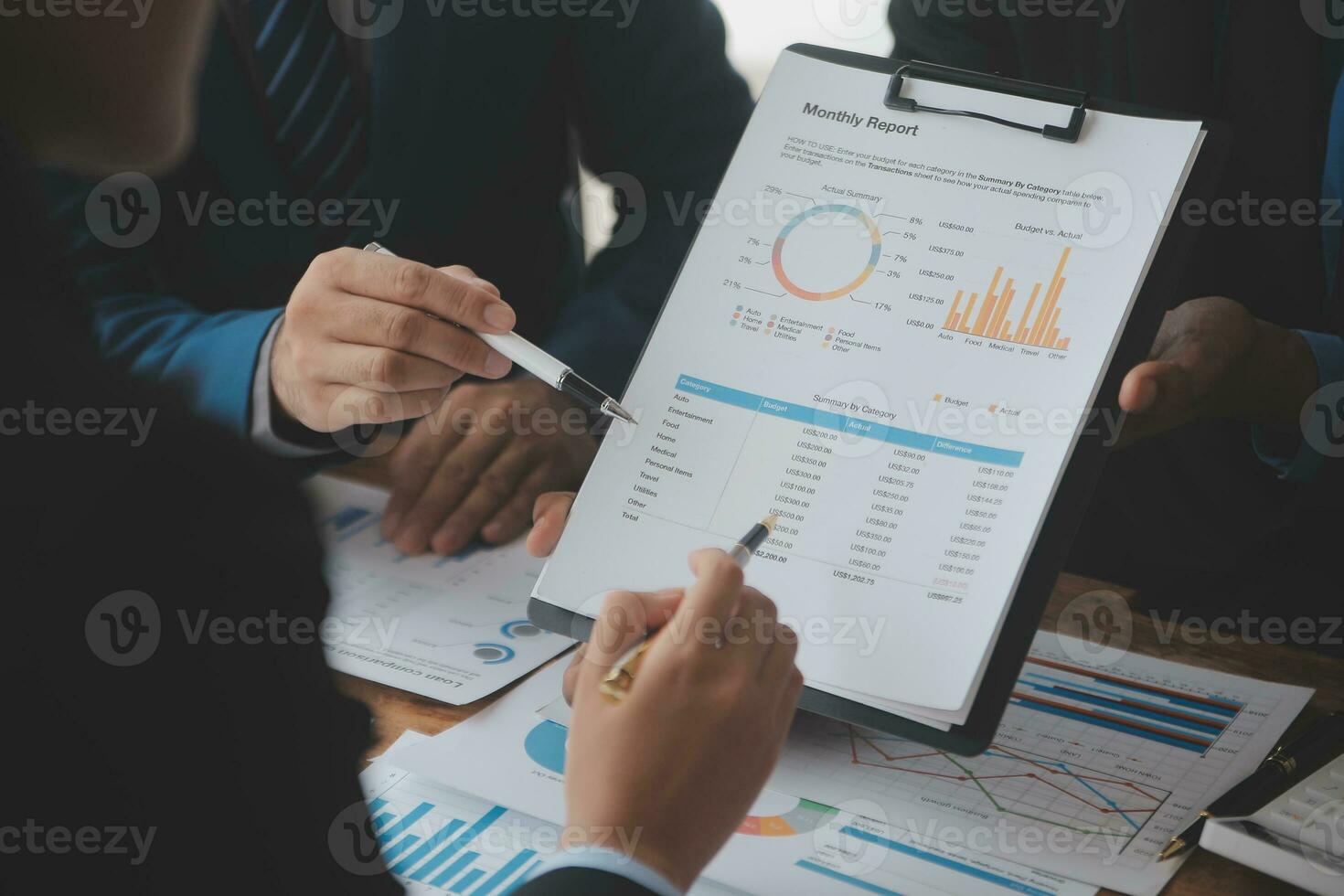 Team of business people working together in the meeting room office, teamwork background charts and graphs banner, double exposure successful teamwork,business planning concept. photo