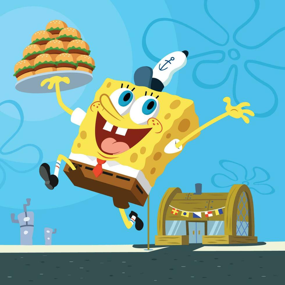 Happy Yellow Sponge Carrying Burgers vector