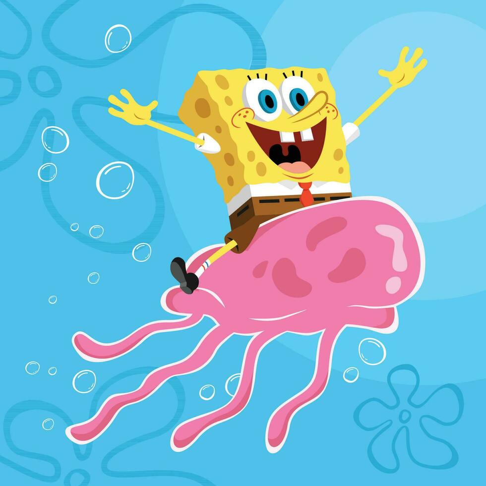 Funny Yellow Sponge Riding a Jellyfish vector