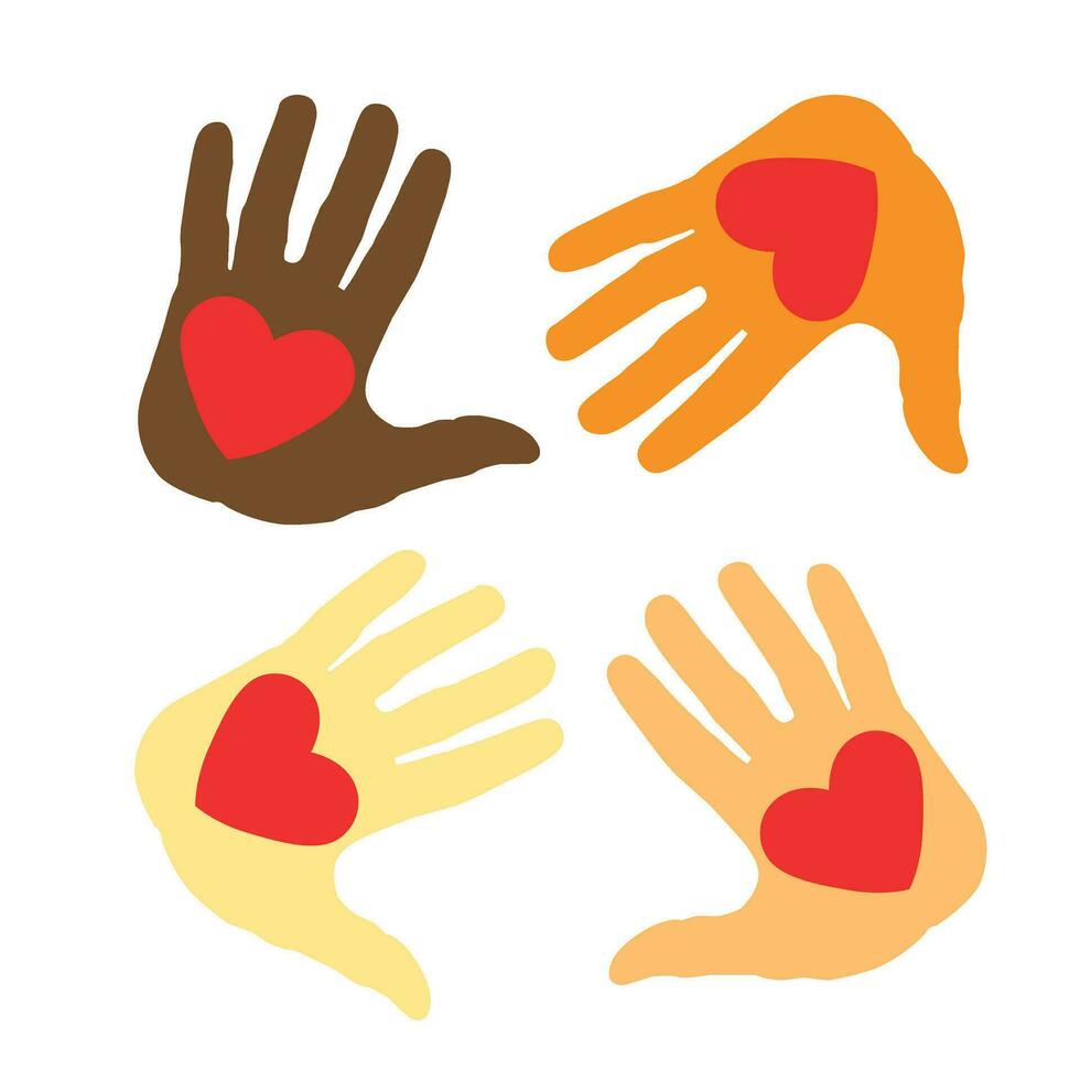 Voluntary and donation flat vector illustration. Volunteers, social workers holding hearts in palms. Children raising hands. Multiethnic society unity, togetherness. Charity, fostering, social help