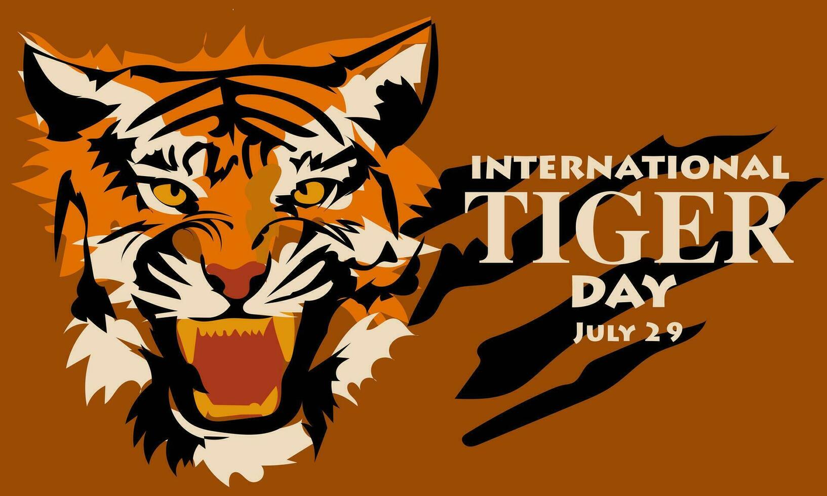 International Tiger Day on July 29. The big head of the aggressive tiger growls. Portrait of an evil tiger. Suitable for printing on postcards, banners, flyers. Tiger claw marks, scratched fabric vector