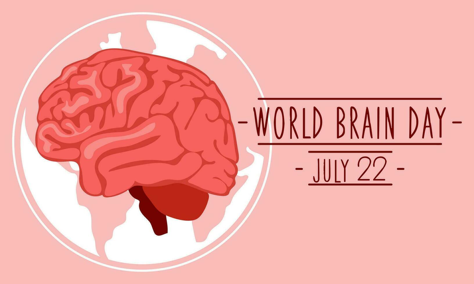 Postcard for World Brain Day, vector illustration with a cute brain in cartoon style on the background of the earth. July 22 in pink flowers with a cartoon brain. Shades of pink. Medicine human health