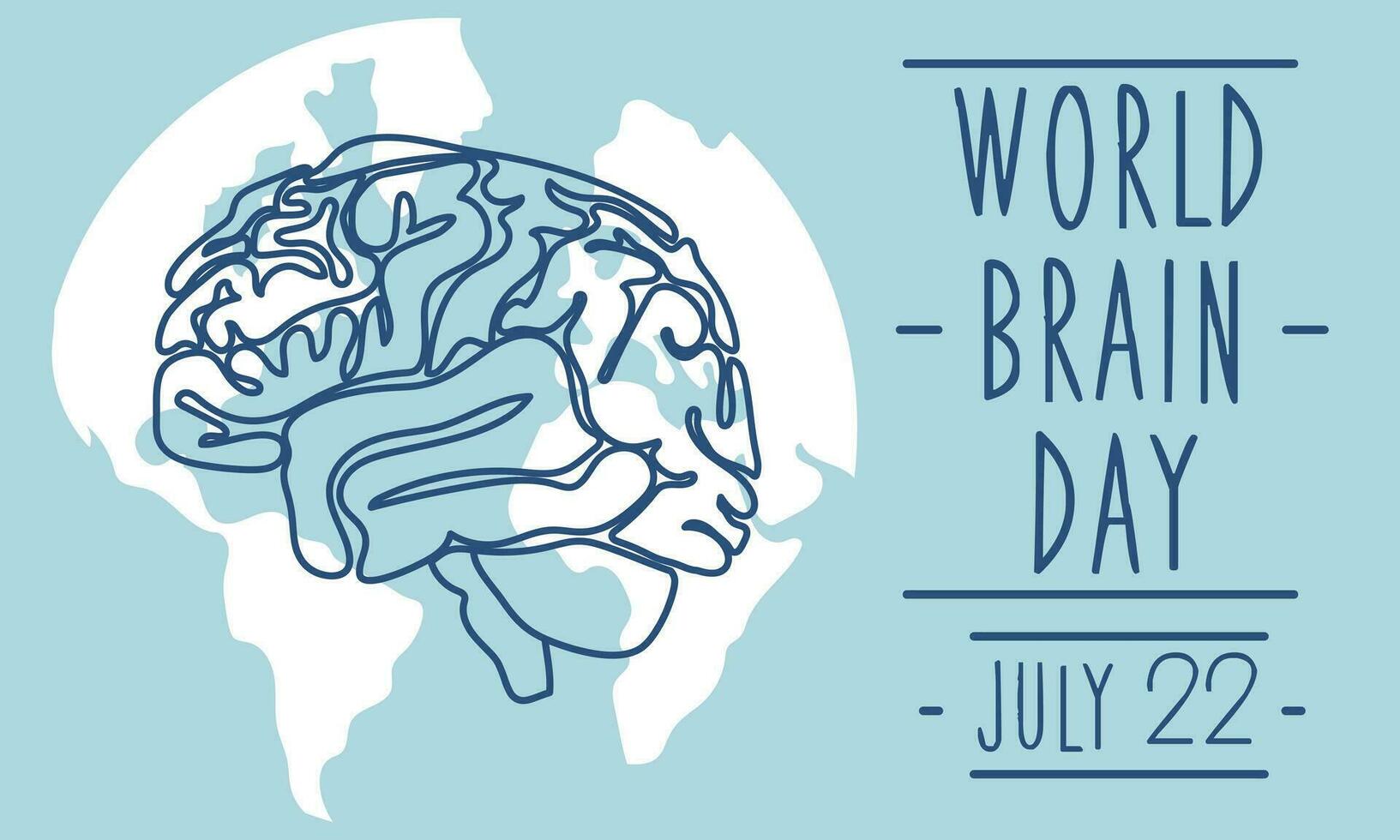 Postcard for World Brain Day, vector illustration with a cute brain in cartoon style on the background of the earth. July 22 and the bright blue outline of the human brain. Medicine, human health