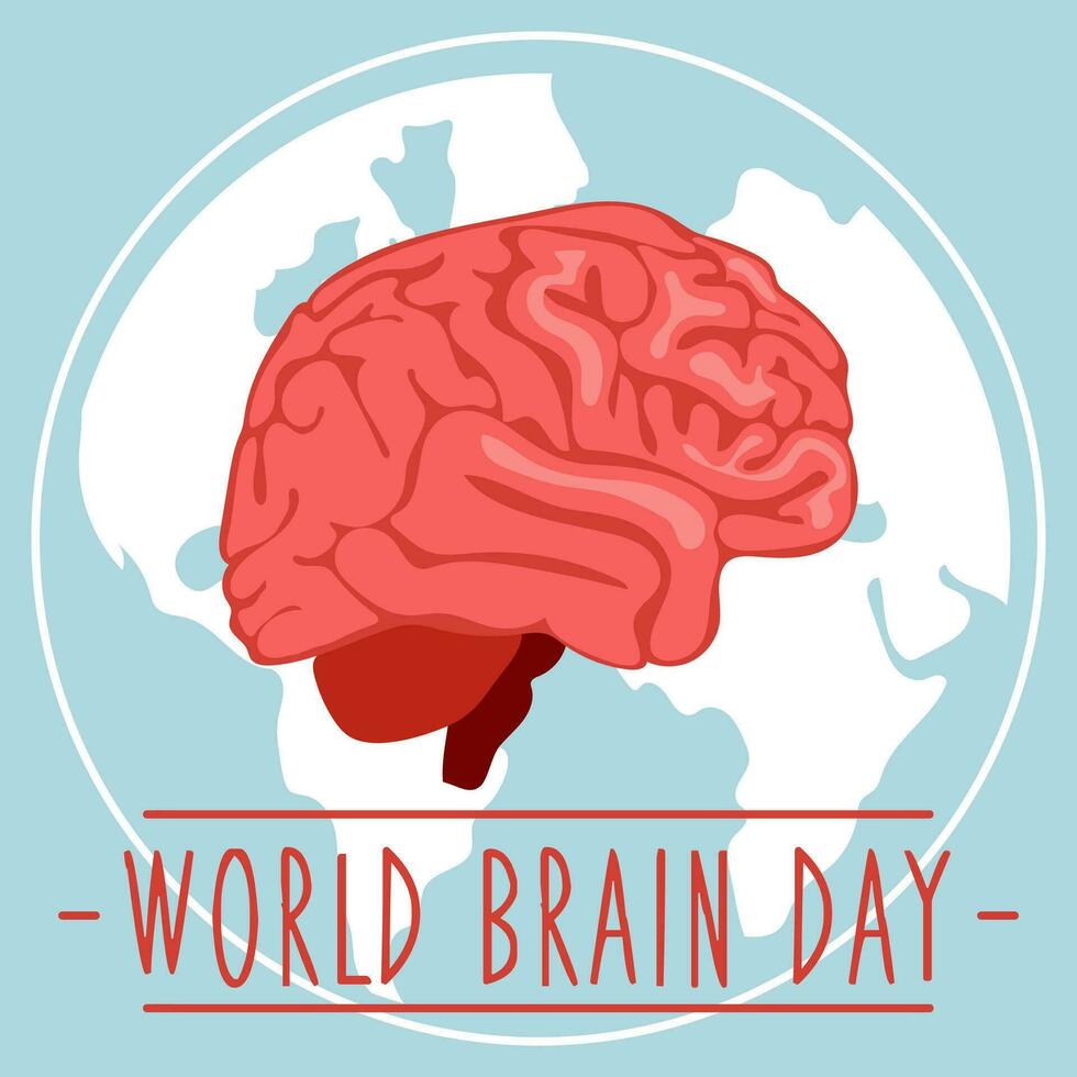 Postcard for World Brain Day, vector illustration with a cute brain in cartoon style on the background of the earth. July 22 in pink and blue colors with a cartoon brain. Medicine, human health