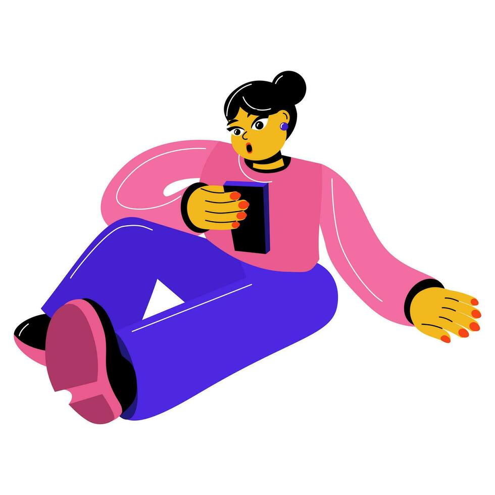 The girl sits and looks at the phone in surprise. Talking on a smartphone. The surprised girl is resting sitting on the floor with her phone in her hands. The girl is sitting, talking on the phone. vector