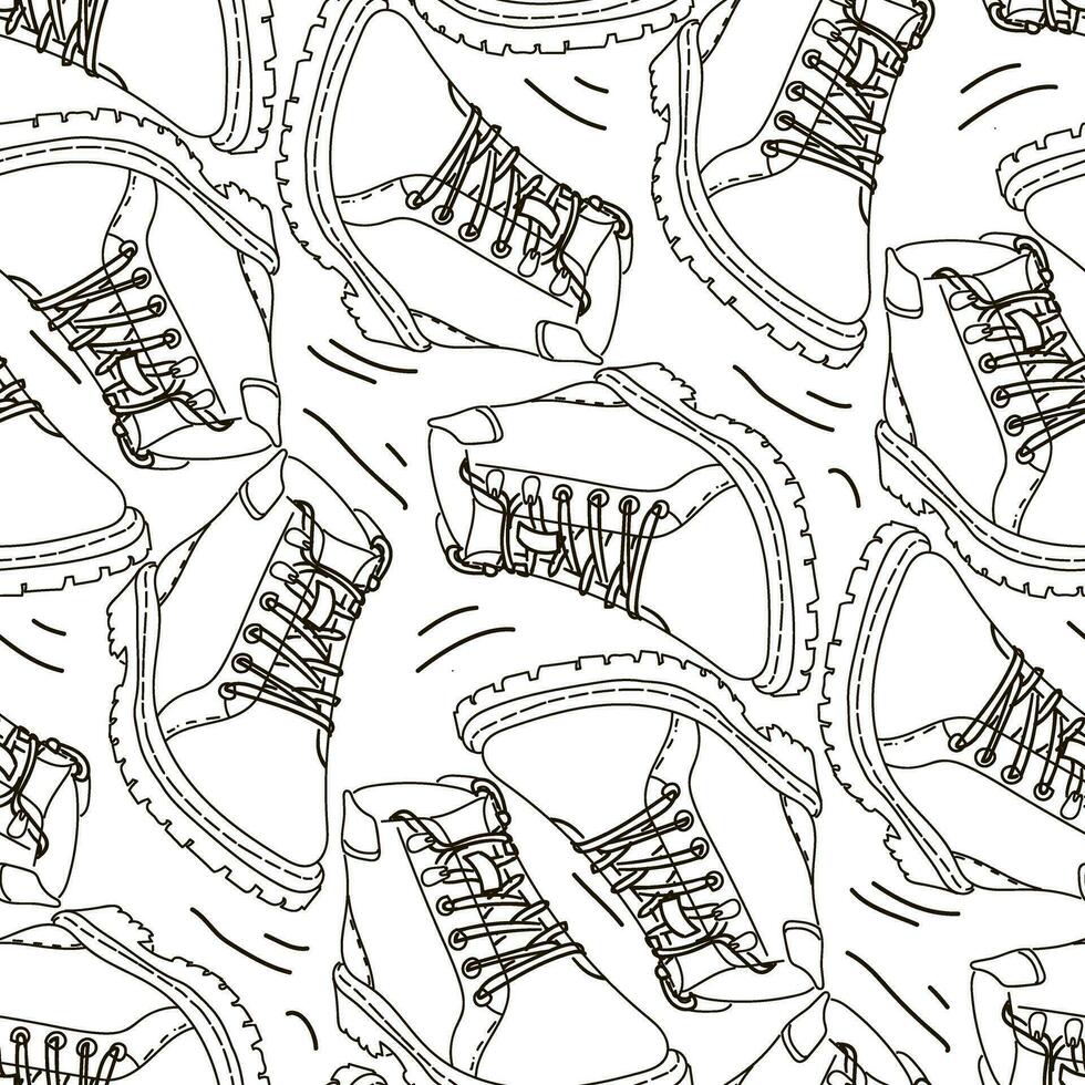 The pattern of fashionable winter boots for everyday walking, the contour of the boot with a seamless pattern. Casual and festive insulated shoes. Autumn, winter, spring background. For printing vector