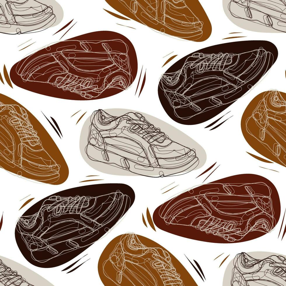 The pattern of sports fashionable women's sneakers, dark and light contour shoes on colored spots in a seamless pattern. Casual and festive shoes. Sporty female background for printing vector