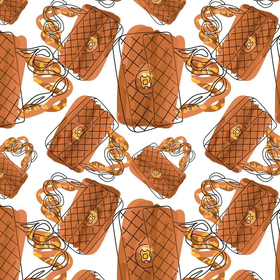 A pattern of women's handbags on a white background. Seamless vector background of a handbag made of beige spots and a dark contour. Printing on textiles and paper for packaging women's accessories