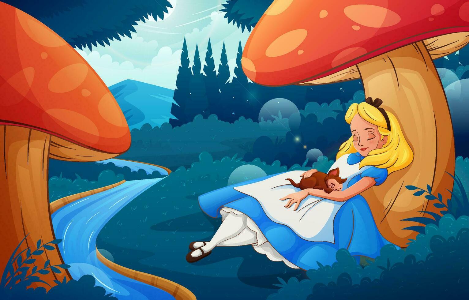 Girl Sleeping Under a Giant Mushroom Background vector