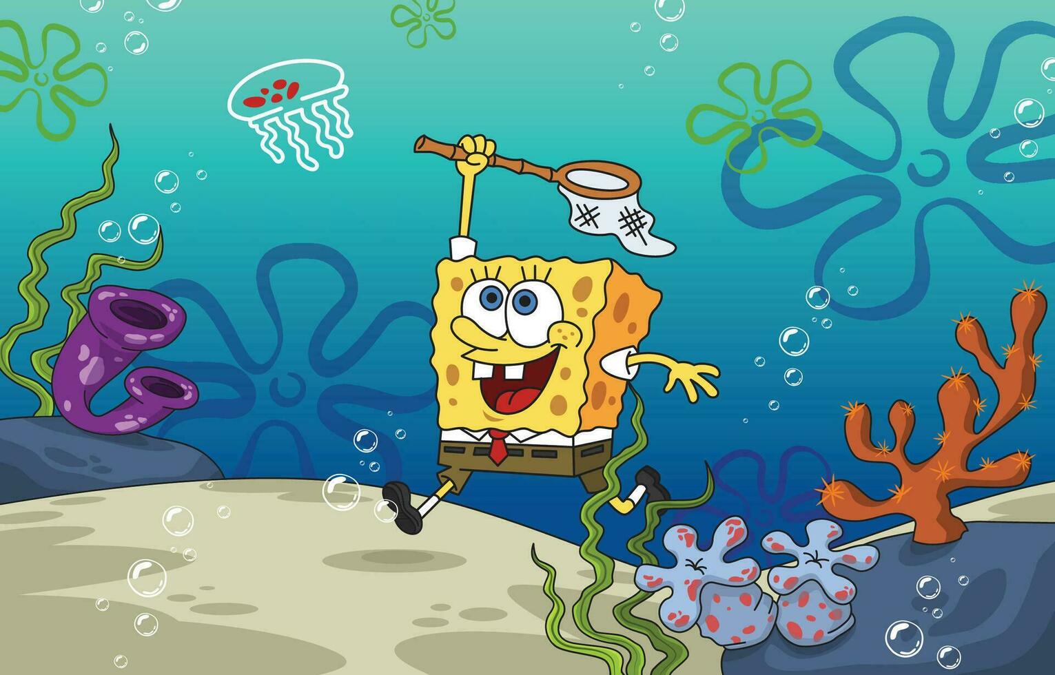 Cartoon Sponge Playing Catch The Jellyfish vector