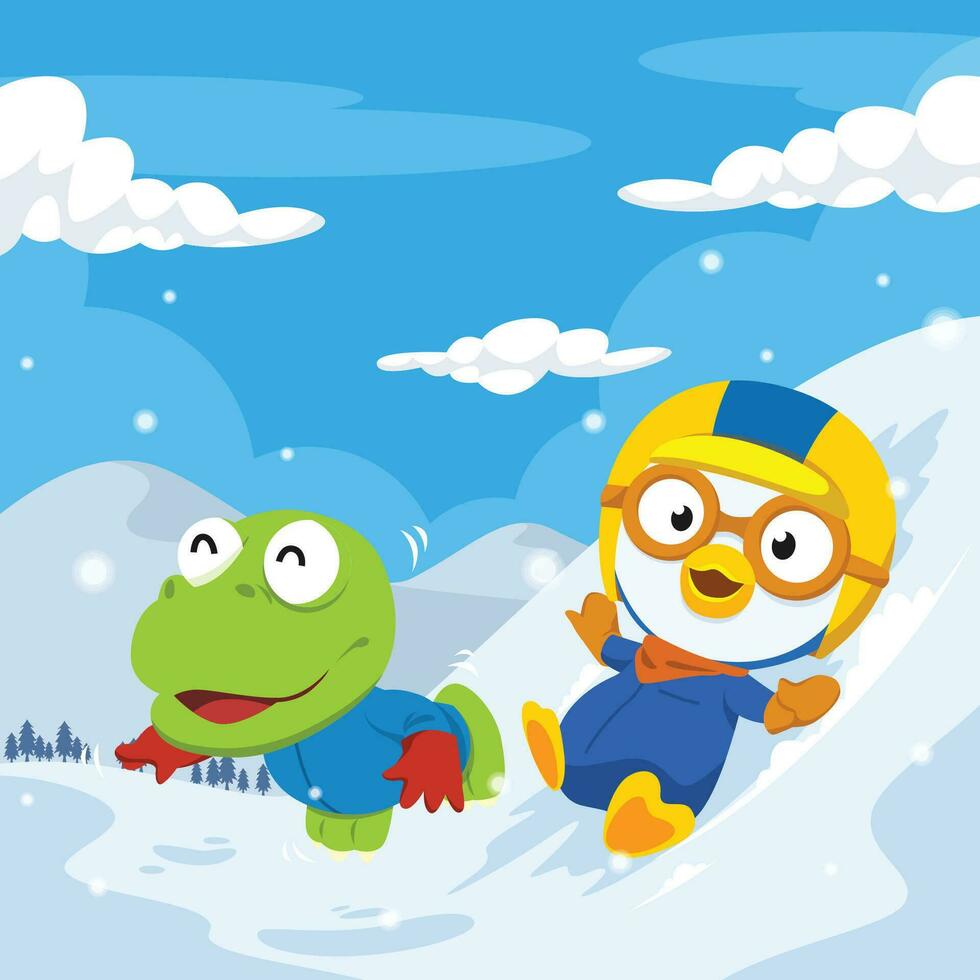 pequeño pingüino y pequeño dino jugando nieve vector