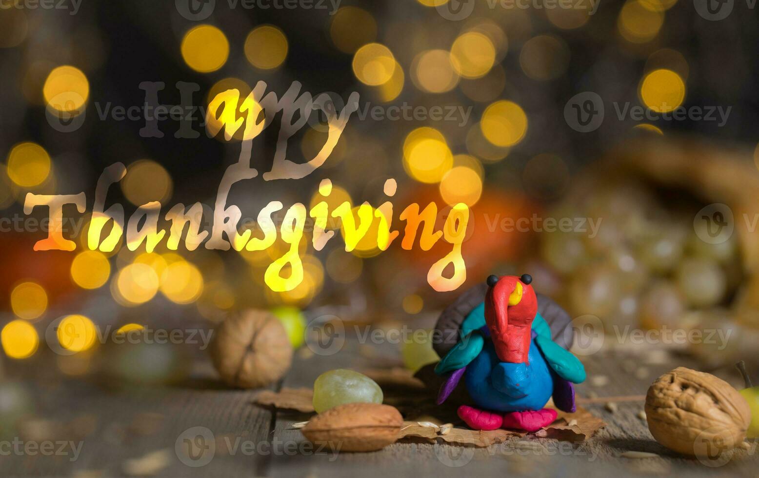 Handmade turkey on Thanksgiving background with blurred night lights. photo