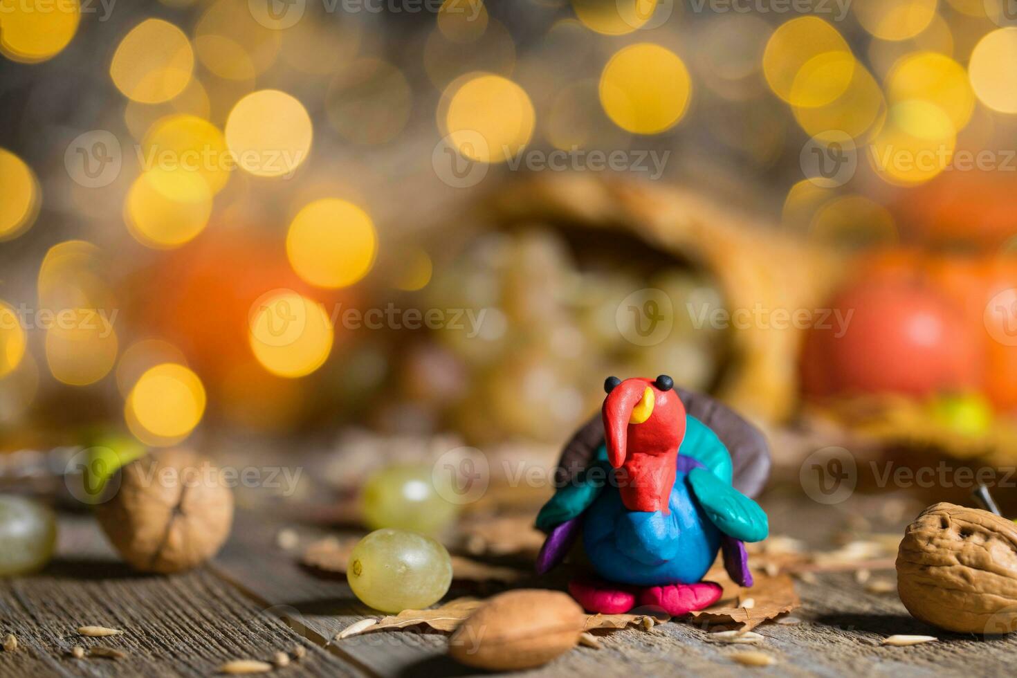 Handmade turkey on Thanksgiving background with blurred night lights. photo