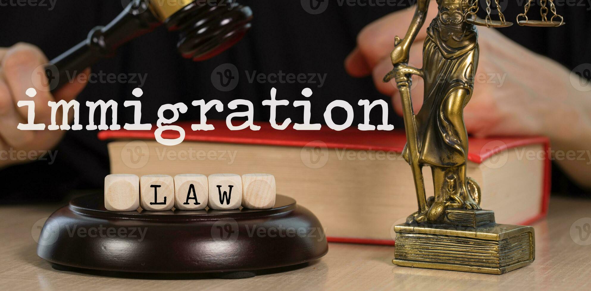 Words IMMIGRATION LAW composed of wooden dices. Wooden gavel and statue of Themis in the background. photo