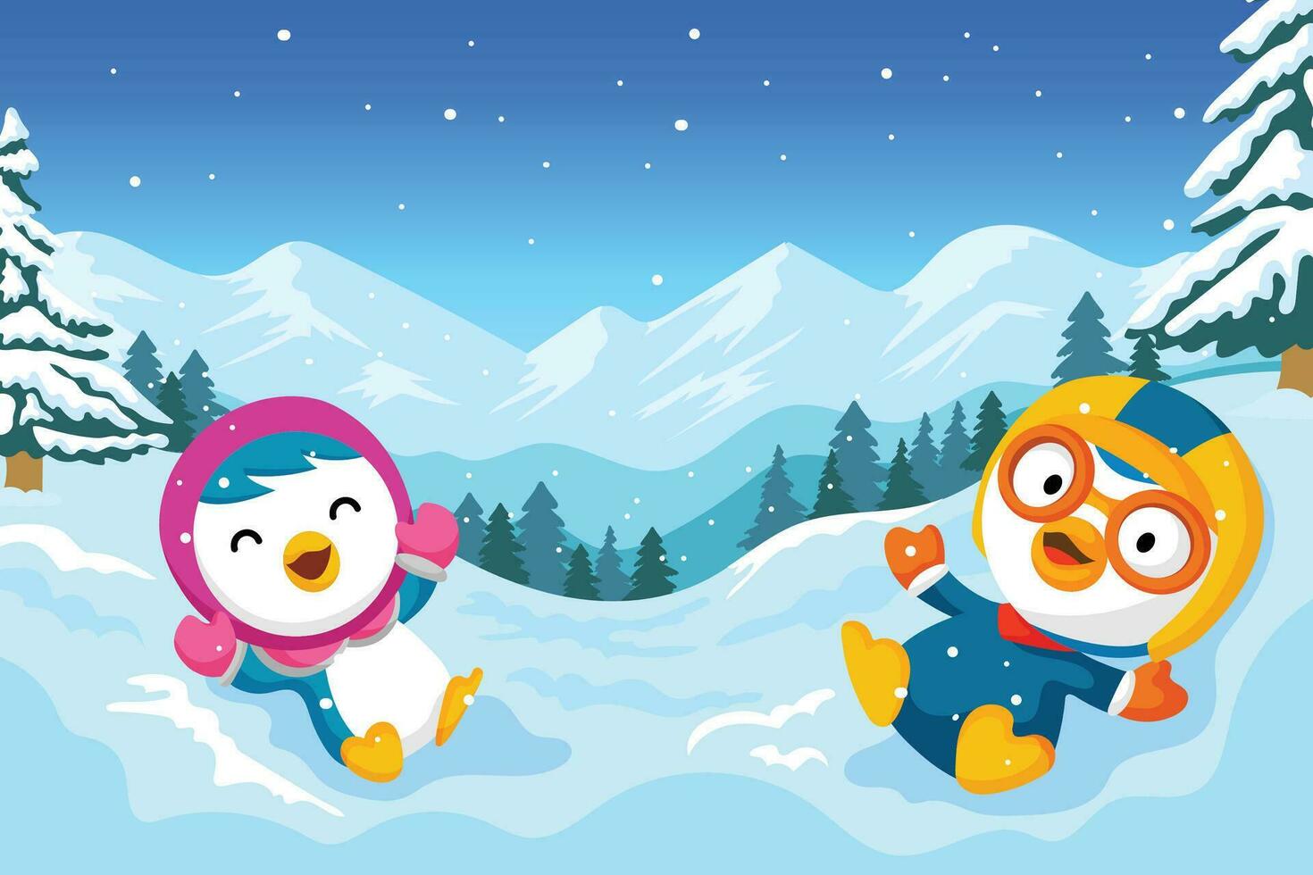 pequeño pingüino jugando en el nieve antecedentes vector