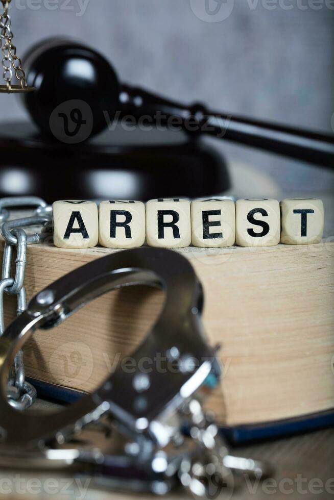 Word ARREST composed of wooden letters. photo