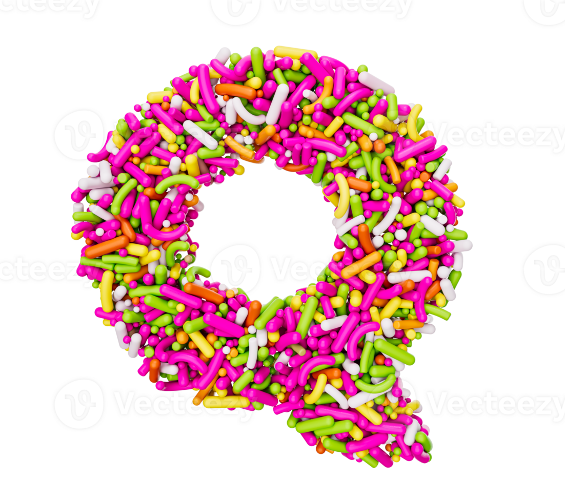 alfabet q tillverkad av färgrik strössel brev q regnbåge strössel 3d illustration png