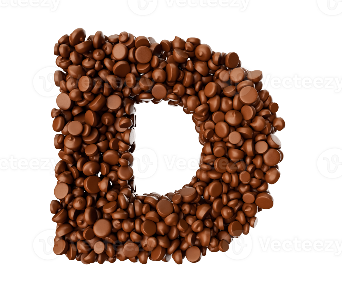 alfabet d gemaakt van chocoladeschilfers chocoladestukjes alfabet letter d 3d illustratie png