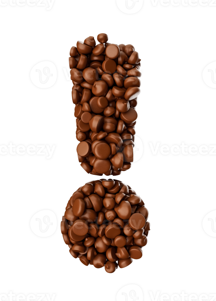 Exclamation mark made of chocolate Chips Chocolate Pieces Alphabet Letter Exclamation 3d illustration png
